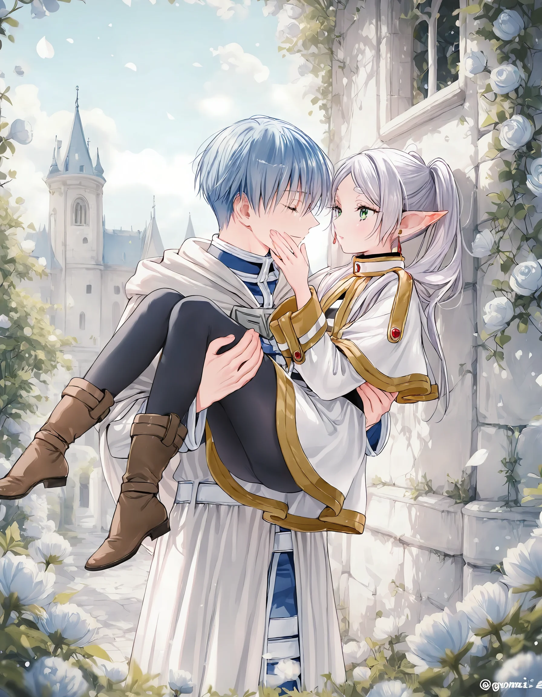 <lora:illustriousXLv01_stabilizer_v1.185c:0.8>1boy,1girl,couple,frieren,green eyes,white jacket,himmel_(sousou_no_frieren),princess carry,face to face,cowbow shot,upper body,pantyhose,falling petals,outdoors,castle in background,gomzi,masterpiece,