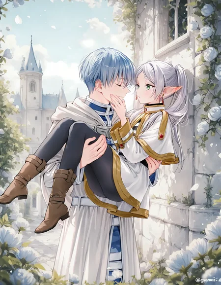 <lora:illustriousXLv01_stabilizer_v1.185c:0.8>1boy,1girl,couple,frieren,green eyes,white jacket,himmel_(sousou_no_frieren),princess carry,face to face,cowbow shot,upper body,pantyhose,falling petals,outdoors,castle in background,gomzi,masterpiece,