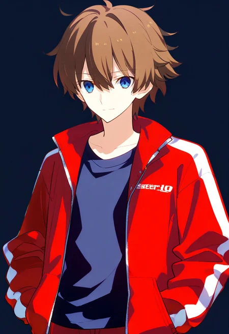 (score_9, score_8_up, score_7_up, source_anime), ((solo)), calm, closed mouth, 1girl, solo, peaceful, closed mouth, small smile, lazy, ((oreki_houtarou)), masculine, brown hair, blue eyes, short hair, ((spiky hair, pointy hair, messy hair)), hair between eyes, red tracksuit, red tracksuit, tracksuit jacket, red jacket, plain jacket, open jacket, black shirt, collard shirt, plain shirt, red trousers, hands in pockets, no background, dark background, cowboy shot, dark background, portrait, prototype design, Expressiveh, takeuchi takashi