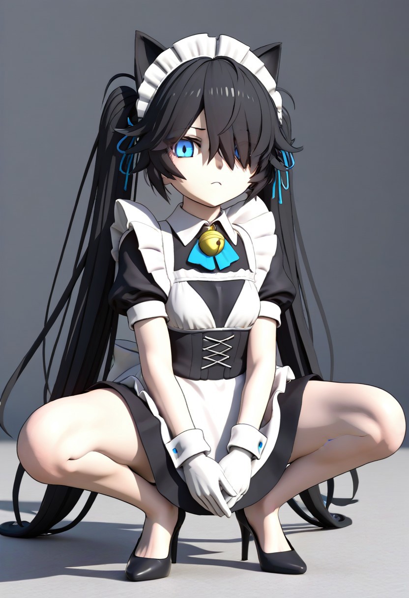 (3D),((((MMD)))),(Maid-kasli), solo, white gloves, dress, hair over one eye, maid apron, blue eyes, twintails, cat ears, maid headdress, maid, gloves, 1girl, apron, juliet sleeves, long sleeves, long hair, black hair, animal ears, bell,(Fall down),(squatting down, heels touching each other, legs fully extended outward)