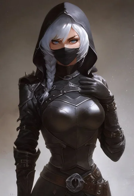 score_9, score_8_up, sexy 20yo girl, naturalism,hyperrealistic, Weiss Schnee, RWBY, toned, black leather armor, fantasy assassin, ((Nightingale Armor)), hood, mouth mask, scar on the eye and eyebrows, three-quarter pose:1.6, fully clothed, hair tied in thick braid, (((fantasy rogue aesthetic))), upper body focus, solo