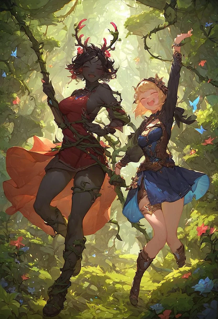 score_9, score_8_up, score_7_up, black skin, big glowing antlers with flower on them, fantasy forest, druids singing, highly detailed, fully clothed, 2girls, vines, highly detailed face.