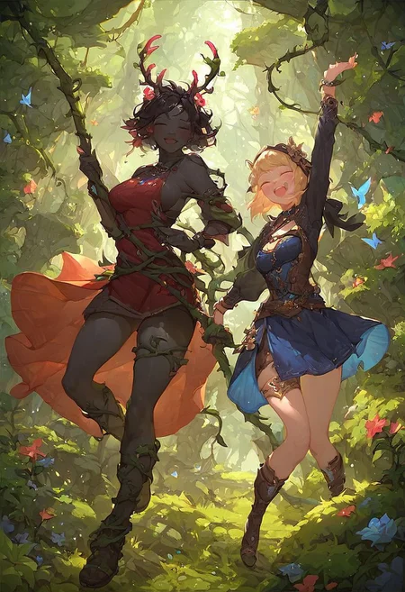 score_9, score_8_up, score_7_up, black skin, big glowing antlers with flower on them, fantasy forest, druids singing, highly detailed, fully clothed, 2girls, vines, highly detailed face.