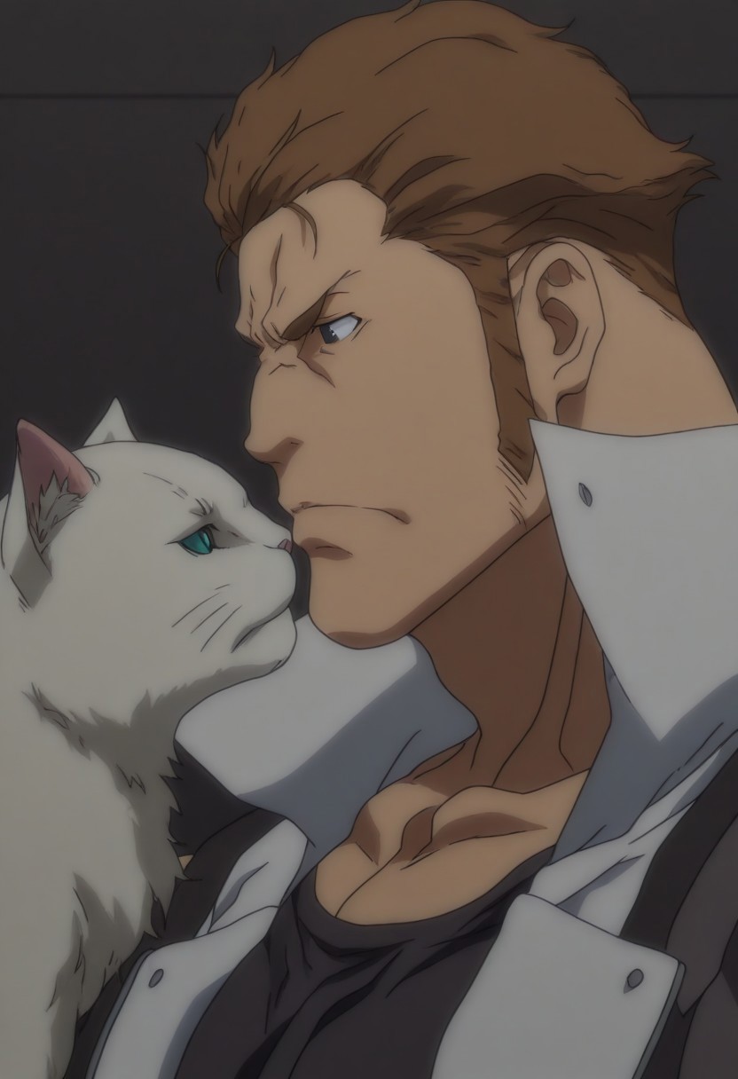 embedding:SmoothNoob_Quality,  1boy, s0rud0, brown_s0rud0_hair, blue_s0rud0_eyes, anime coloring, long sideburns, muscular male, bara,  close-up, from side, profile, serious, furrowed brow, white jacket, popped collar, black shirt, open jacket, (Looking at white cat), 1animal, 1cat