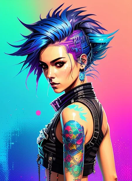 swpunk style synthwaveaward winning half body portrait of a woman in a croptop and cargo pants with ombre navy blue teal hairstyle with head in motion and hair flying, paint splashes, splatter, outrun, vaporware, shaded flat illustration, digital art, trending on artstation, highly detailed, fine detail, intricate