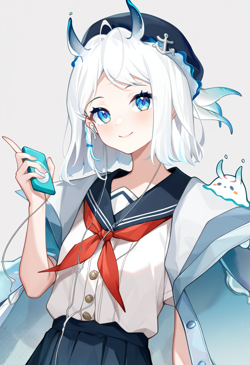 1girl,remi vtuber,earphones,earbuds,skirt,solo,horns,school uniform,smile,virtual youtuber,holding,white background,sailor collar,looking at viewer,serafuku,beret,neckerchief,jacket,red neckerchief,shirt,white shirt,jacket on shoulders,digital media player,blue skirt,pleated skirt,simple background,
upper body,smile,cowboy shot,looking at viewer,
highres,best quality,amazing quality,very aesthetic,absurdres,year 2023,safe,
<lora:remi_Noob75:1>,