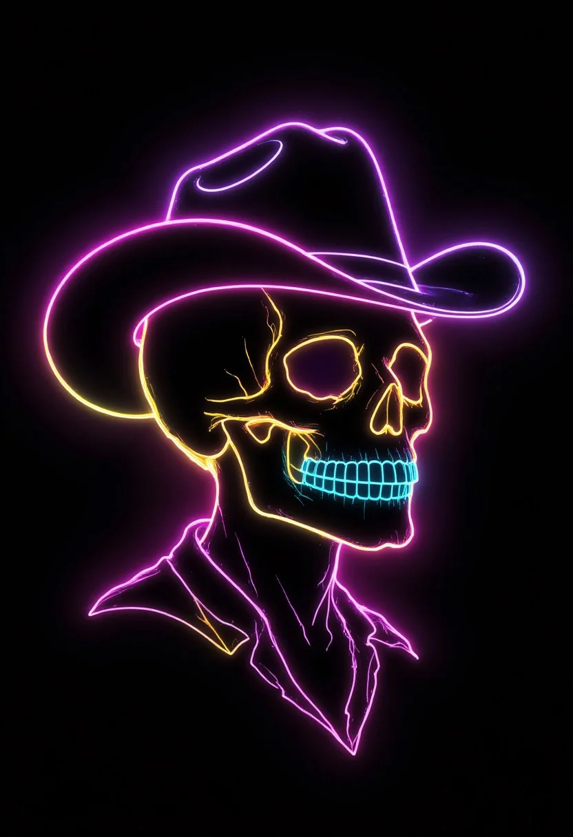 neon outline on black, neon colors, skull wearing cowboy hat