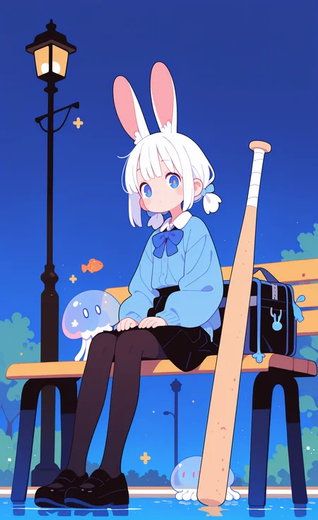 masterpiece,best quality,amazing quality, 1girl, solo, looking at viewer, short hair, blue eyes, skirt, long sleeves, bow, animal ears, closed mouth, sitting, twintails, white hair, pantyhose, outdoors, shoes, bowtie, black skirt, black footwear, water, bag, rabbit ears, black pantyhose, night, blue bow, low twintails, short twintails, fish, school bag, blue theme, rabbit girl, blue bowtie, bench, lamppost, baseball bat, jellyfish, hands on lap, park bench, on bench, sitting on bench, haiz_ai, Flatline, Flat vector illustration, <lora:ponyv6_noobE11_2_adamW-000017:0.3> <lora:MeMaXL4:0.8> <lora:checkpoint-e18_s306:1.5> <lora:veluflora-wai:0.35> <lora:haiz_ai_illu:0.7>