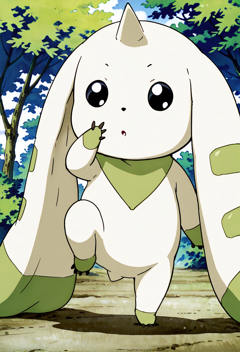masterpiece, best quality, no humans,   ,<lora:TerriermonDigimon_IXL:1.0>,    zzTerriermon, standing, full body, outdoors, :o, black eyes, standing on one leg