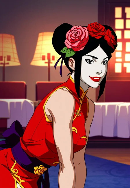 score_9_up, score_8_up, score_7_up, <lora:Young_justice_girls_PDXL_by_paprikalem:0.8>, dc comics, young justice style, flat colors, 1girl, cheshire, black eyes, black hair, double bun, hair flower, rose, hair ornament, face paint, makeup, lipstick, cheshire killer waitress costume with face paint, chinese clothes, dress, (on all fours, looking at viewer, smile, from side), solo, indoors, best quality, high quality