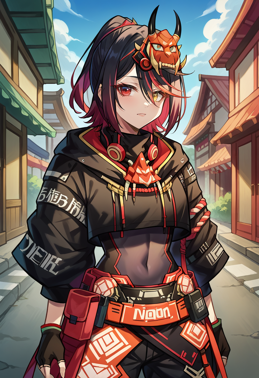 score_9, score_8_up, source_anime, 1girl, solo, RenSamurai, heterochromia, multicolored hair, long hair, high ponytail, oni mask, mask on head, gas mask around neck, black hoodie, cropped hoodie, covered navel, black gloves, fingerless gloves, red waist cape, black pants, baggy pants, knee pads, outdoors, village, japanese theme, <lora:ChamKisaragiRenPonyXL:1>