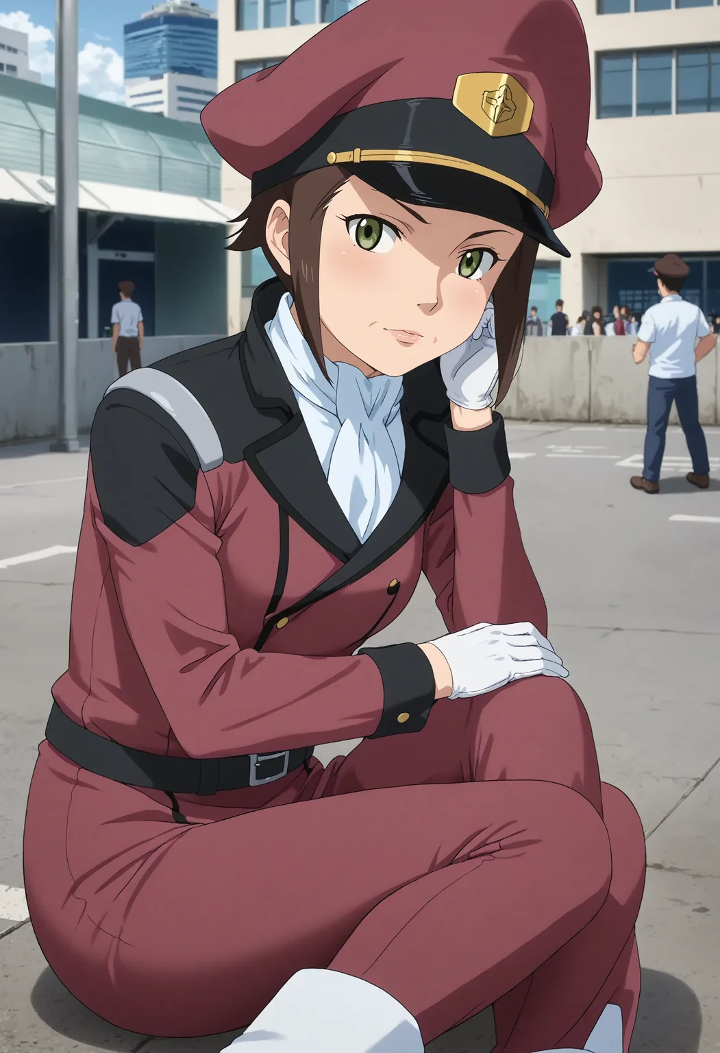 <lora:Hyper-SDXL-8steps-lora:1> <lora:Fixhands_anime_bdsqlsz_V1:1> zPDXL2, score_9, score_8_up, score_7_up, source_anime, intricate details, perfect anatomy BREAK
outdoors, city, tokyo, japan, audience, crowd, on ground, on side,  looking at viewer, elbow rest, Pensive, Eyes focused inward, brow furrowed, and lips pursed., 1girl, solo, solo focus, 
<lora:GAGE-AG140millais_alloy_XL(pony)v10:1> (wrinkled skin, aged up:1.2), GAGE-AG140millais, brown hair, short hair, green eyes, red peaked cap, GAGE-AG140millais outfit, red dress, white ascot, white gloves, belt, red pencil skirt, red pants, white boots,