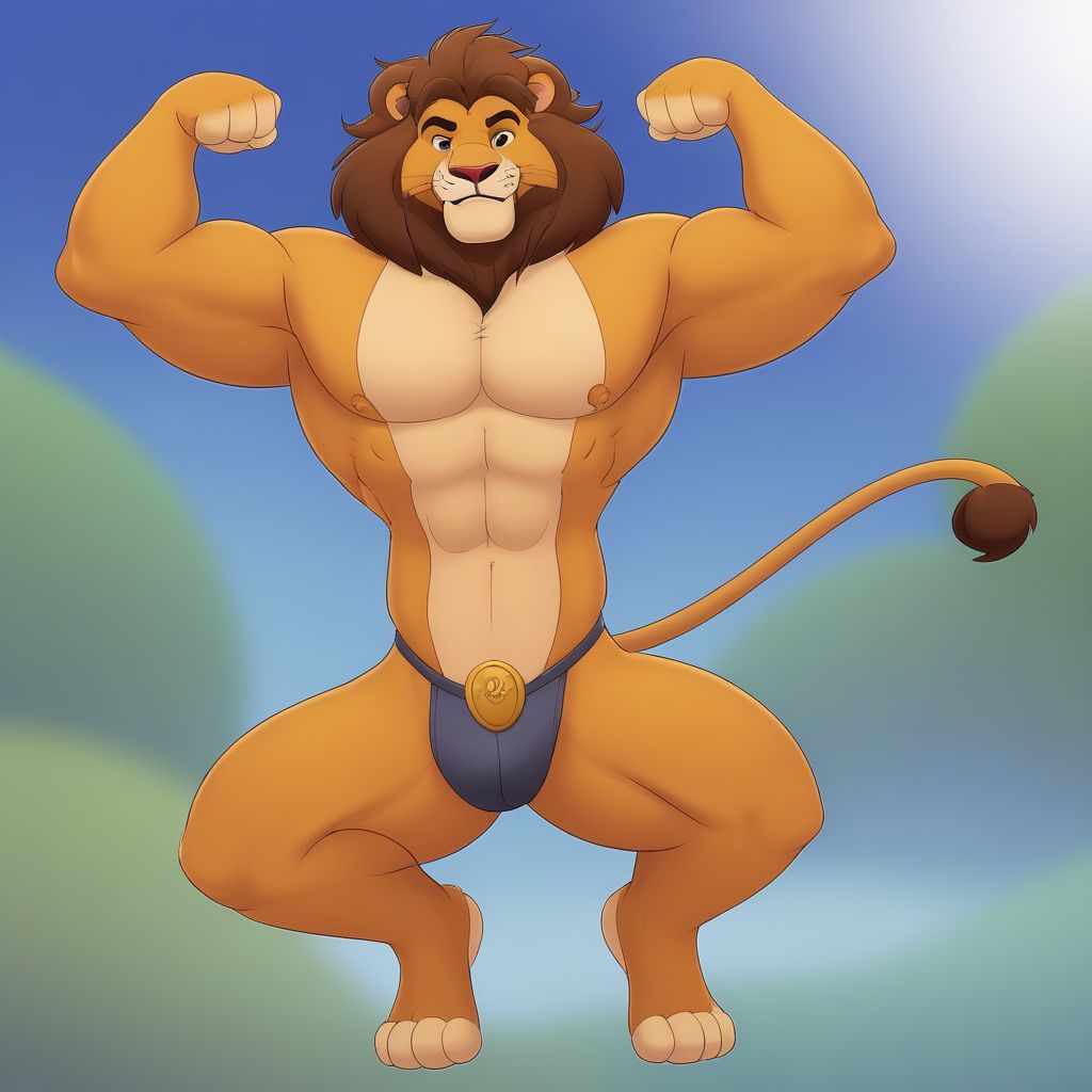 solo, long hair, smile, 1boy, navel, animal ears, nipples, tail, full body, male focus, thighs, nude, lying, penis, armpits, stomach, pubic hair, completely nude, uncensored, muscular, facial hair, thick thighs, erection, abs, testicles, pectorals, muscular male, male pubic hair, bara, furry, large pectorals, furry male, lion ears, seductive smile, chest hair, navel hair, lion tail, lion boy, standing, outside