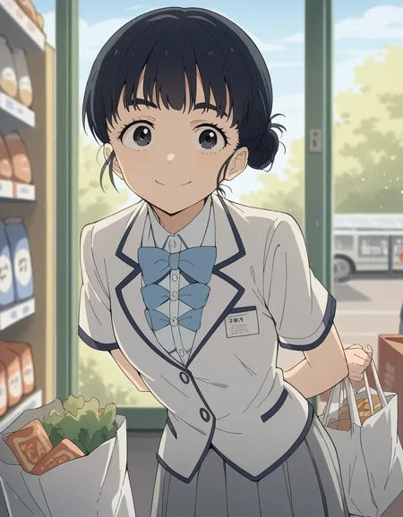 score_9, score_8_up, score_7_up, source_anime, <lora:tiara-basori-s1-ponyxl-lora-nochekaiser:1>, tiara basori, bangs, black hair, hair bun, black eyes, single hair bun,, skirt, shirt, bow, school uniform, white shirt, short sleeves, grey skirt, pleated skirt, bowtie, blue bowtie, blue bow, blazer,, grocery store, cashier, shopping bag, scanning items, small talk, everyday routine, smile, looking at viewer, hands behind back, bent over,, solo,, cowboy shot, dutch angle