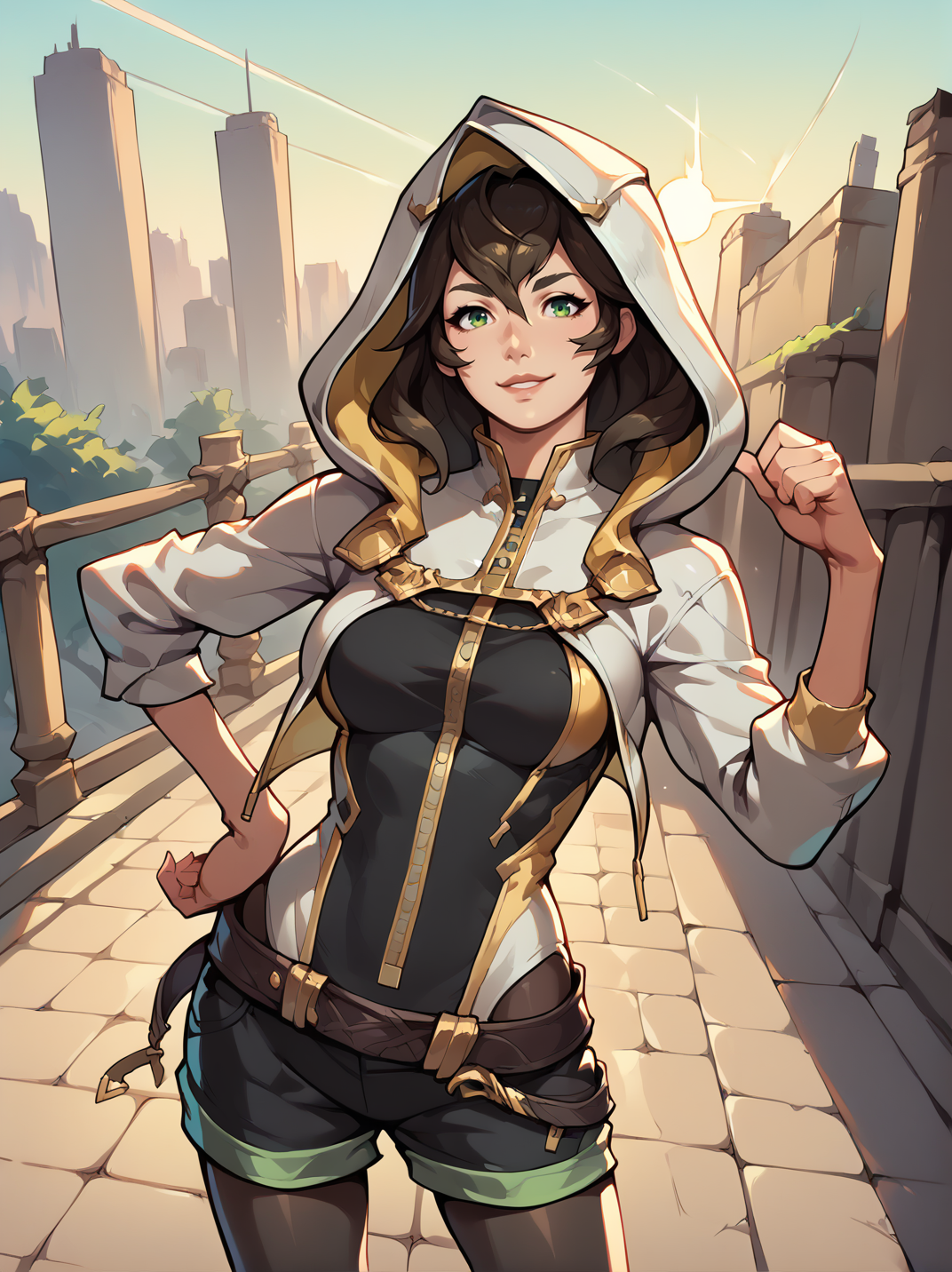 score_9, score_8_up, score_7_up,,
1girl, dynamic pose, dynamic angle, one hand on hips, light smile, cowboy shot, dutch angle, medium breasts, warm light, city, fantasy,from above, hands up, portrait, 
 <lora:AQueenSphene_character:0.9>, SpheeXL, green eyes, brown  hair, long hair, zipper jacket, white jacket, open jacket, hooded jacket, black shirt, (hood up:1.2), black pantyhose, shorts, <lora:2XKO_style-10:0.8> 2XKO,,