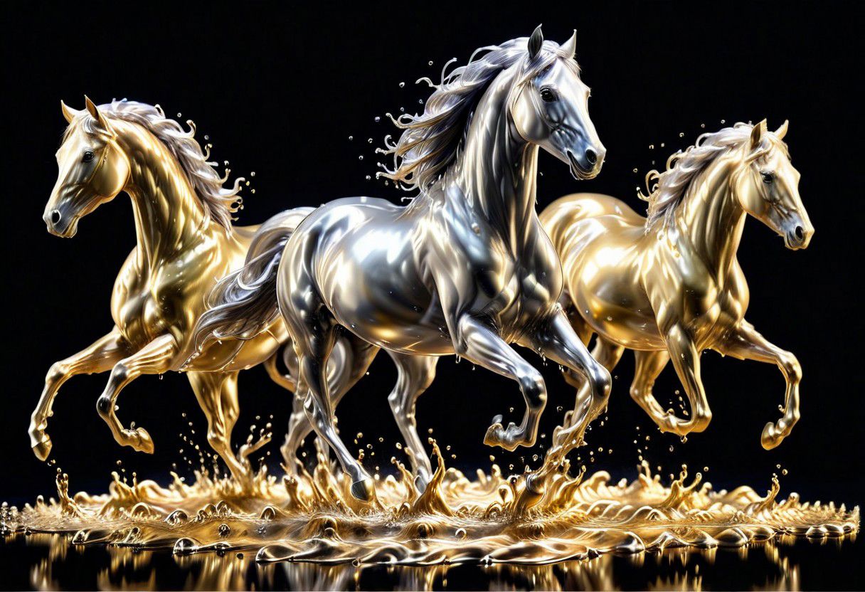SILVER LIQUID METAL horses gallopping through GOLD LIQUID METAL, Liquid metal sprays up from the horses hoofs, drifting in a black void,
