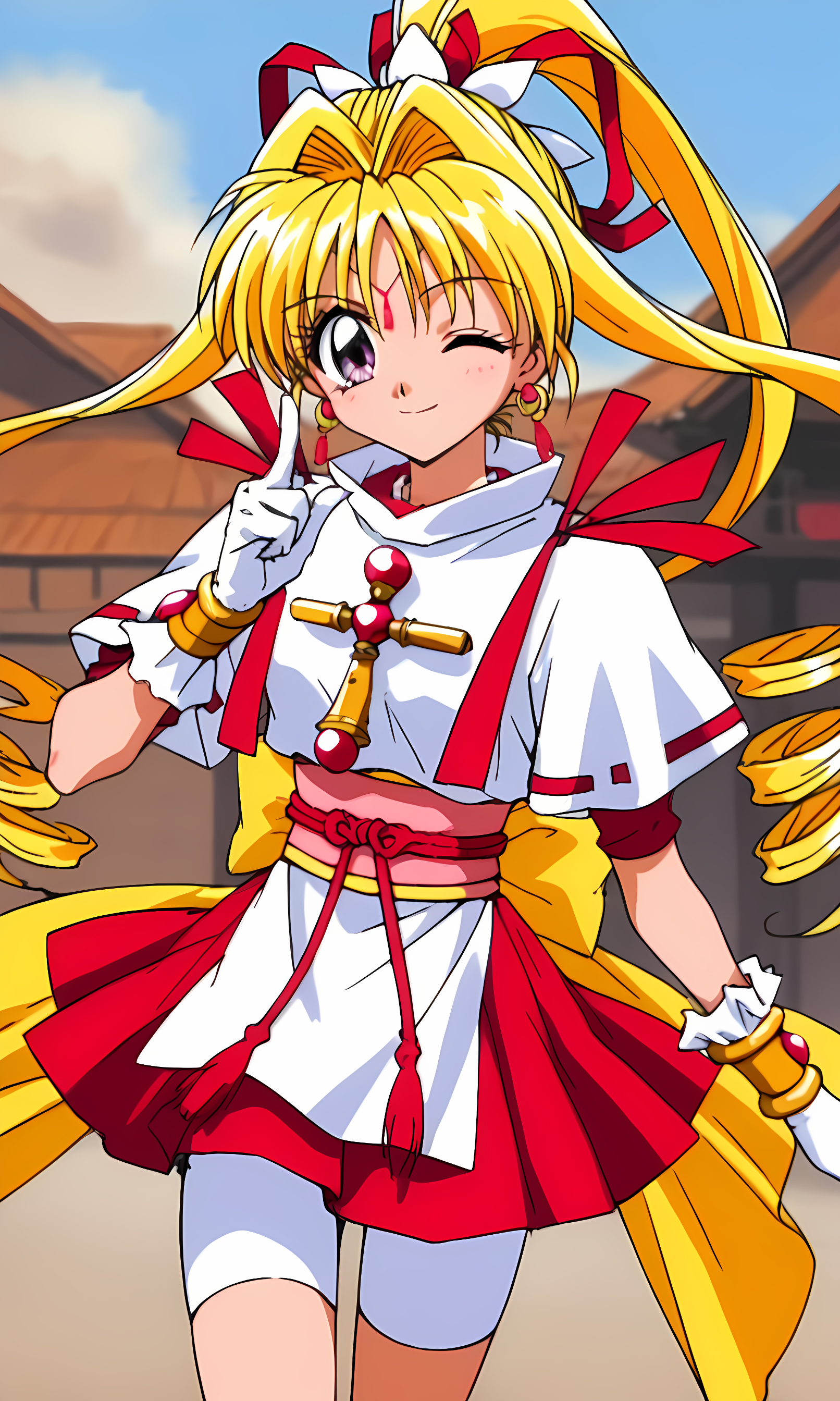 8k, best quality, solo, cute, score_9, score_8_up, score_7_up, 90s anime, masterpiece, source_anime,  KKJs2, artist A style, purple eyes, forehead jewelry, blonde hair, very long hair, hair intakes with drill long sidelocks, one high drill ponytail at the back, red hair ribbon with white octagonal decoration, earrings , red inner clothes with white edges, white outfit, folded standing collar, white collar, white side slit and long shirt tail, red accents on white short sleeves, short red inner sleeves, exposed lower arms, shoulder decorations, red ribbon decorations on shoulders, cross ornament on chest, gold bracelet, long white gloves, (red and yellow sash:1.2), red rope with tassels, large yellow bow, red layered miniskirt, white bike shorts, covering thighs, bare thighs between bike shorts and boots, cowboy shot, index finger raised, one eye closed, smile, 