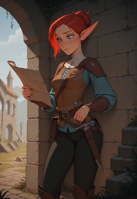 masterpiece, best quality, amazing quality, very aesthetic, DISNEY_ANIMATION, incoth, (incase:0.6), female, solo, (depth of field), medieval setting, ruins, day time

elf, red hair, blue eyes, cute face, slender, small breasts, updo hair, short elf ears, short ears

leather armor, dagger in scabbard, satchel, black pants, leather boots,

adventurer exploring ruins, holding map,