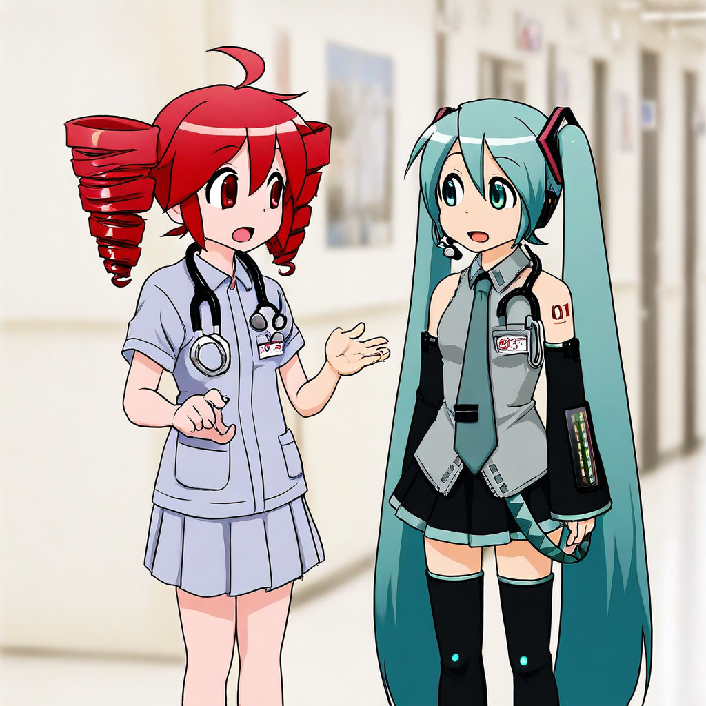 masterpiece, best quality, absurdres, lo_su_tr, 2girls, female focus, Hatsune Miku, aqua hair, twintails, aqua eyes, necktie, collared shirt, sleeveless, detached sleeves, tattoo, skirt, pleated skirt, thigh boots, kasane teto, red hair, drill hair,  medical scrubs, short sleeves, stethoscope around neck, stethoscope, name tag,  standing, open mouth, looking at another, indoors, hospital, corner, blurry background, photo background