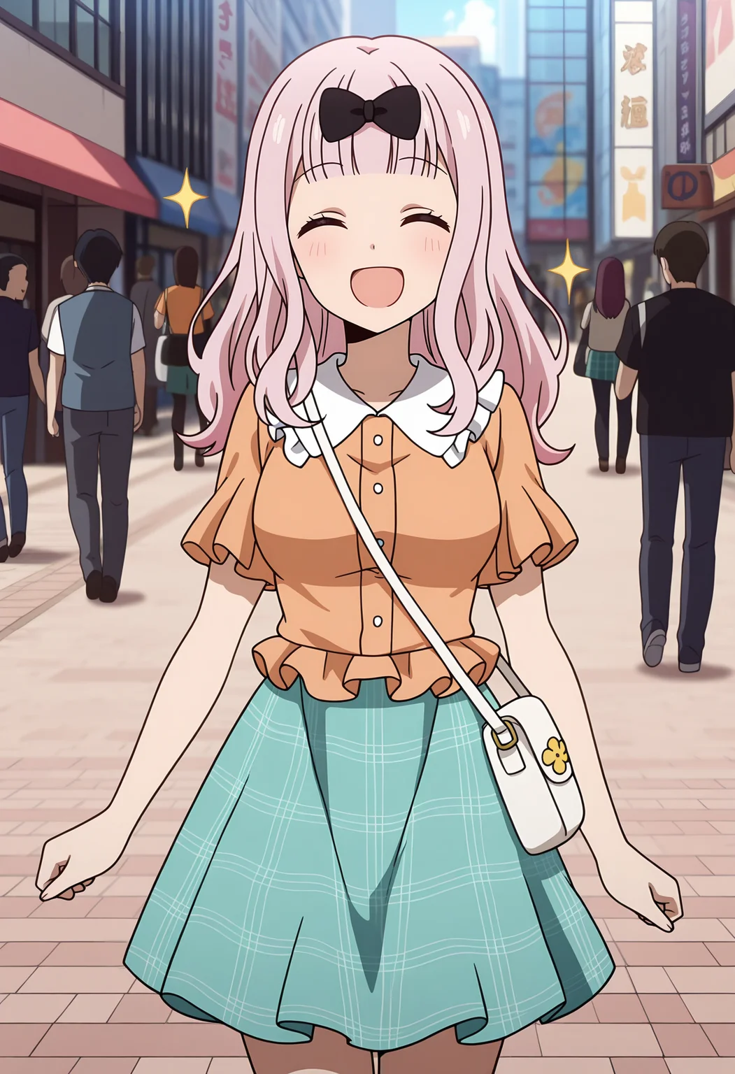 anime screencap, masterpiece, best quality,
<lora:Kaguya-samaWaKokurasetai_FujiwaraChika_IlluXL:0.9>,
1girl, people, open mouth, smile,
blunt bangs, long hair, pink hair, ^ ^, hair bow, black bow,
frilled shirt, frilled sleeves, orange shirt, short sleeves, plaid skirt, aqua skirt,
white shoulder bag,
walking, looking at viewer, cowboy shot,
sparkle, city, street, day, photo background, blurry background