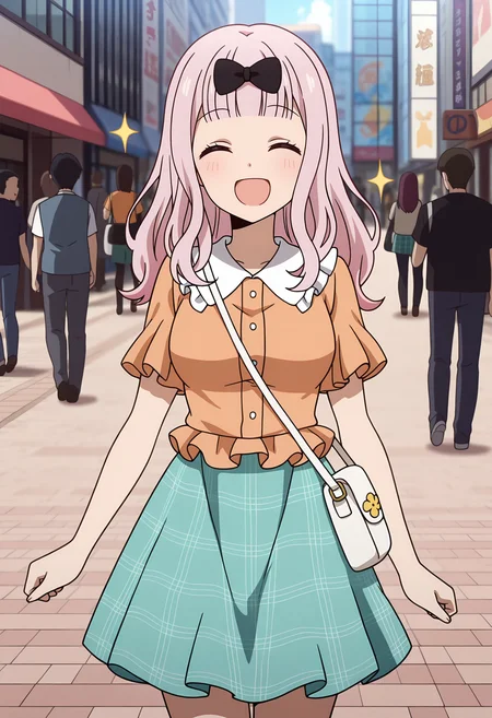 anime screencap, masterpiece, best quality,
<lora:Kaguya-samaWaKokurasetai_FujiwaraChika_IlluXL:0.9>,
1girl, people, open mouth, smile, 
blunt bangs, long hair, pink hair, ^ ^, hair bow, black bow,
frilled shirt, frilled sleeves, orange shirt, short sleeves, plaid skirt, aqua skirt,
white shoulder bag,
walking, looking at viewer, cowboy shot,
sparkle, city, street, day, photo background, blurry background