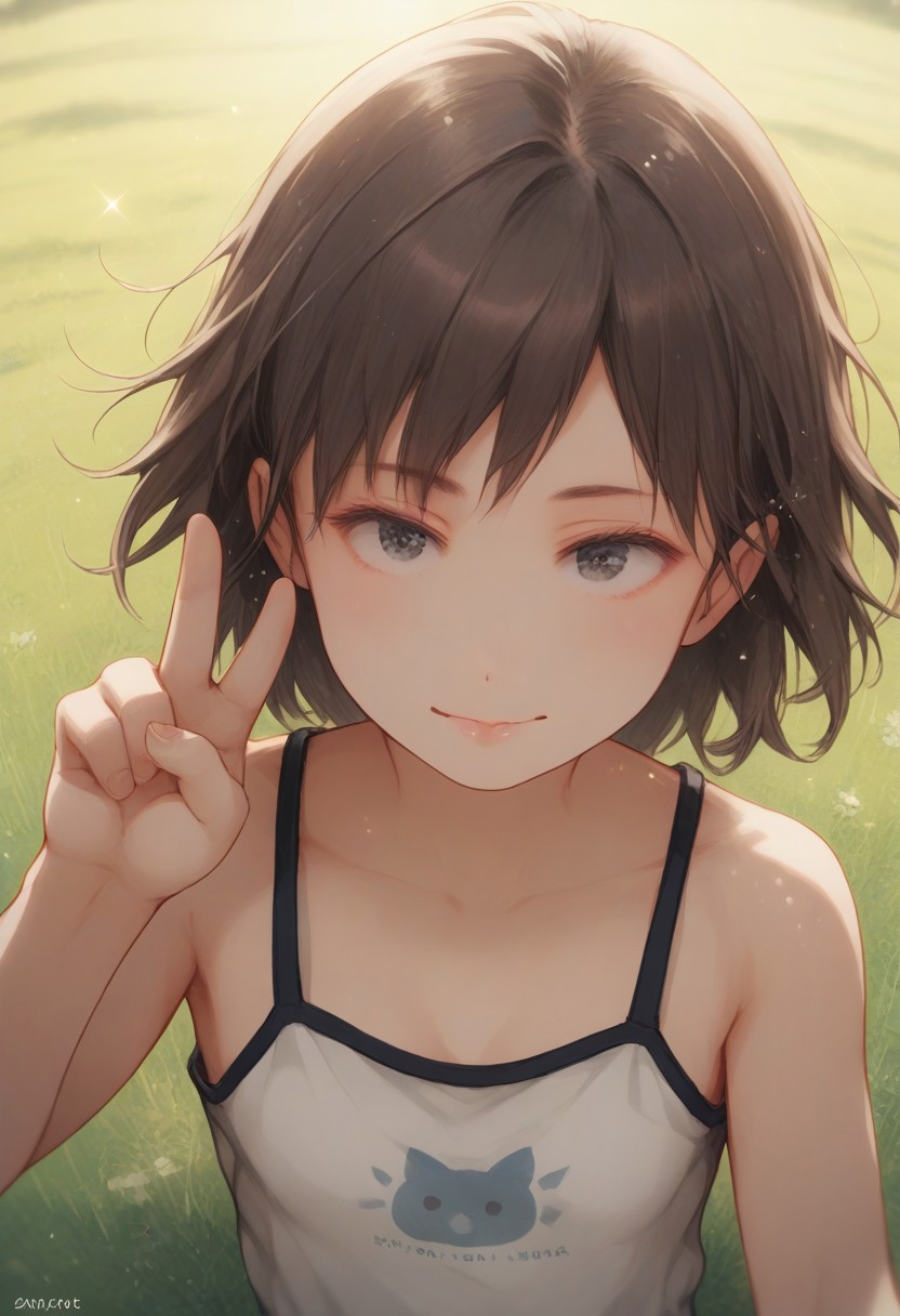 score_9, score_8_up, score_7_up,from above,cowboy shot,1girl, Brown hair, medium hair, black eyes,camisole,looking at viewer,standing,peace sign,light smile,tongue out,closed mouth,outdoors,grass, field,wind,light particles,