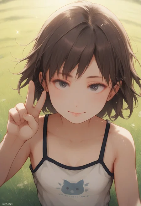 score_9, score_8_up, score_7_up,from above,cowboy shot,1girl, Brown hair, medium hair, black eyes,camisole,looking at viewer,standing,peace sign,light smile,tongue out,closed mouth,outdoors,grass, field,wind,light particles,