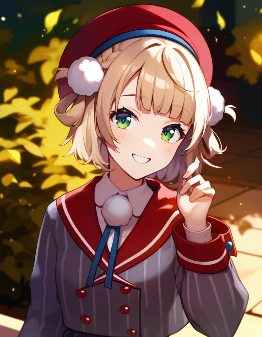 score_9,score_8_up,score_7_up,score_6_up BREAK official art,solo,outdoors,upper body,looking at viewer,facing viewer,smile,shigure ui (vtuber),beret,red headwear,light brown hair,short hair,hair rings,pom pom hair ornament,side braid,french braid,blunt bangs,green eyes,school uniform,grey jacket,vertical-striped jacket,red sailor collar,neck ribbon,pom pom (clothes),collared shirt,white shirt,long sleeves,red wrist cuffs,double-breasted,grey skirt,pleated skirt,vertical-striped skirt,red socks,loafers,<lora:Shigure Ui(vtuber)-Pony:1.4>,<lora:Smooth Anime Style LoRA XL:0.8>,
