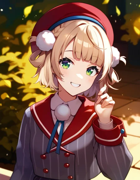 score_9,score_8_up,score_7_up,score_6_up BREAK official art,solo,outdoors,upper body,looking at viewer,facing viewer,smile,shigure ui (vtuber),beret,red headwear,light brown hair,short hair,hair rings,pom pom hair ornament,side braid,french braid,blunt bangs,green eyes,school uniform,grey jacket,vertical-striped jacket,red sailor collar,neck ribbon,pom pom (clothes),collared shirt,white shirt,long sleeves,red wrist cuffs,double-breasted,grey skirt,pleated skirt,vertical-striped skirt,red socks,loafers,<lora:Shigure Ui(vtuber)-Pony:1.4>,<lora:Smooth Anime Style LoRA XL:0.8>,