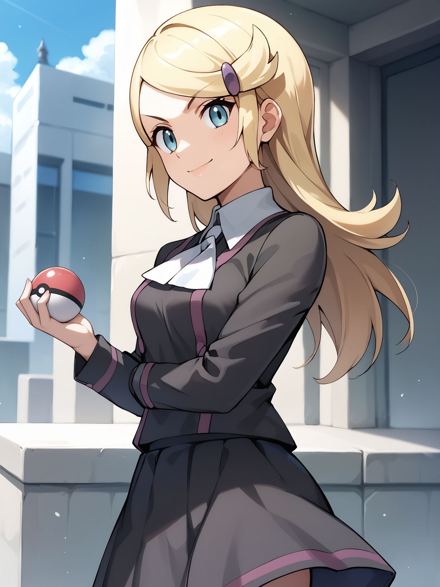 score_9, score_8_up, score_7_up, score_6_up, BREAK source_anime, best quality, masterpiece,
1girl,<lora:Acetrainer XY_PonyXL:0.8>,acetrainer xy,hairclip,white ascot,black shirt,skirt,cowboy shot,standing,smile,v-shaped eyebrows,holding poke ball,looking at viewer,