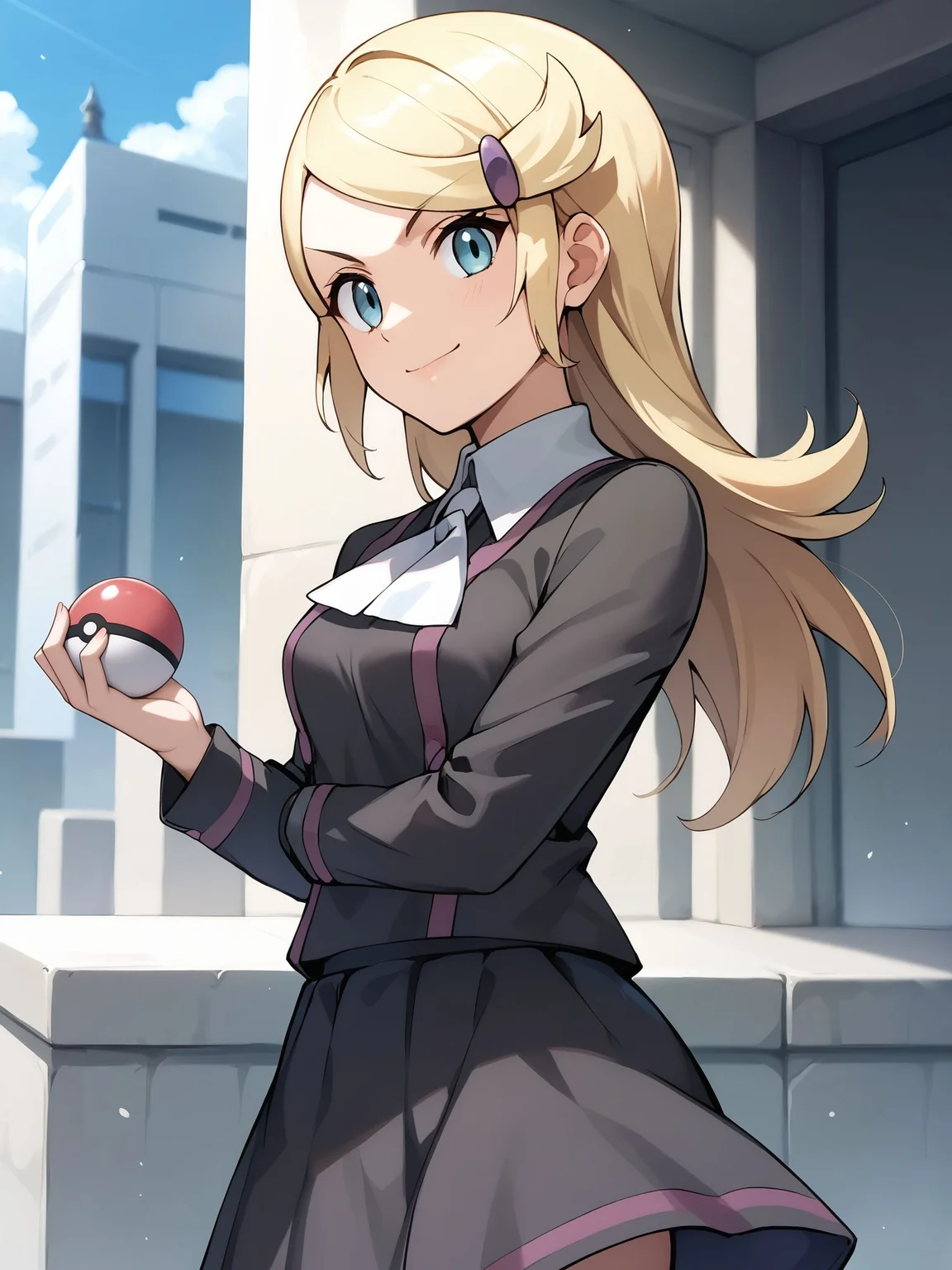 score_9, score_8_up, score_7_up, score_6_up, BREAK source_anime, best quality, masterpiece,
1girl,<lora:Acetrainer XY_PonyXL:0.8>,acetrainer xy,hairclip,white ascot,black shirt,skirt,cowboy shot,standing,smile,v-shaped eyebrows,holding poke ball,looking at viewer,