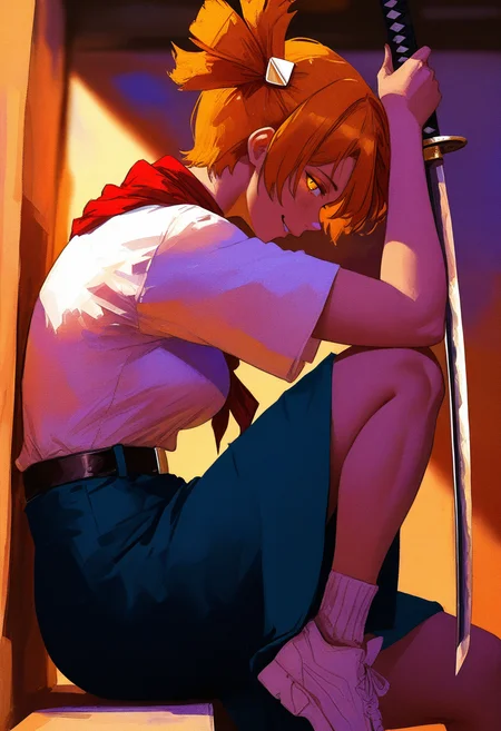 anime coloring, limited palette, masterpiece, highres, greatscore, absurdres,<lora:dvach:1> aldvch, 1girl, solo, orange hair, short twintails, short hair, twintails, hair ornament, orange eyes, white shirt, short sleeves, blue skirt, red neckerchief, belt,
traditional media, realistic, impressionism, oil painting \(medium\), realism, impasto, gestart333,( 86thunder:0.4), (cutesexyrobutts:0.6), 1girl, solo, horror \(theme\), yandere, masterpiece, great score, looking at viewer, holding katana, smug, indoors, against wall, knee up, from side, sideways glance, sneakers, blurry focus, glowing eyes, slit pupils, (by in style of solo leveling manhwa, :1.3), anime coloring, masterpiece, highres, greatscore, absurdres,
<lora:nhl-001:1> nhl-001, limited palette, realistic