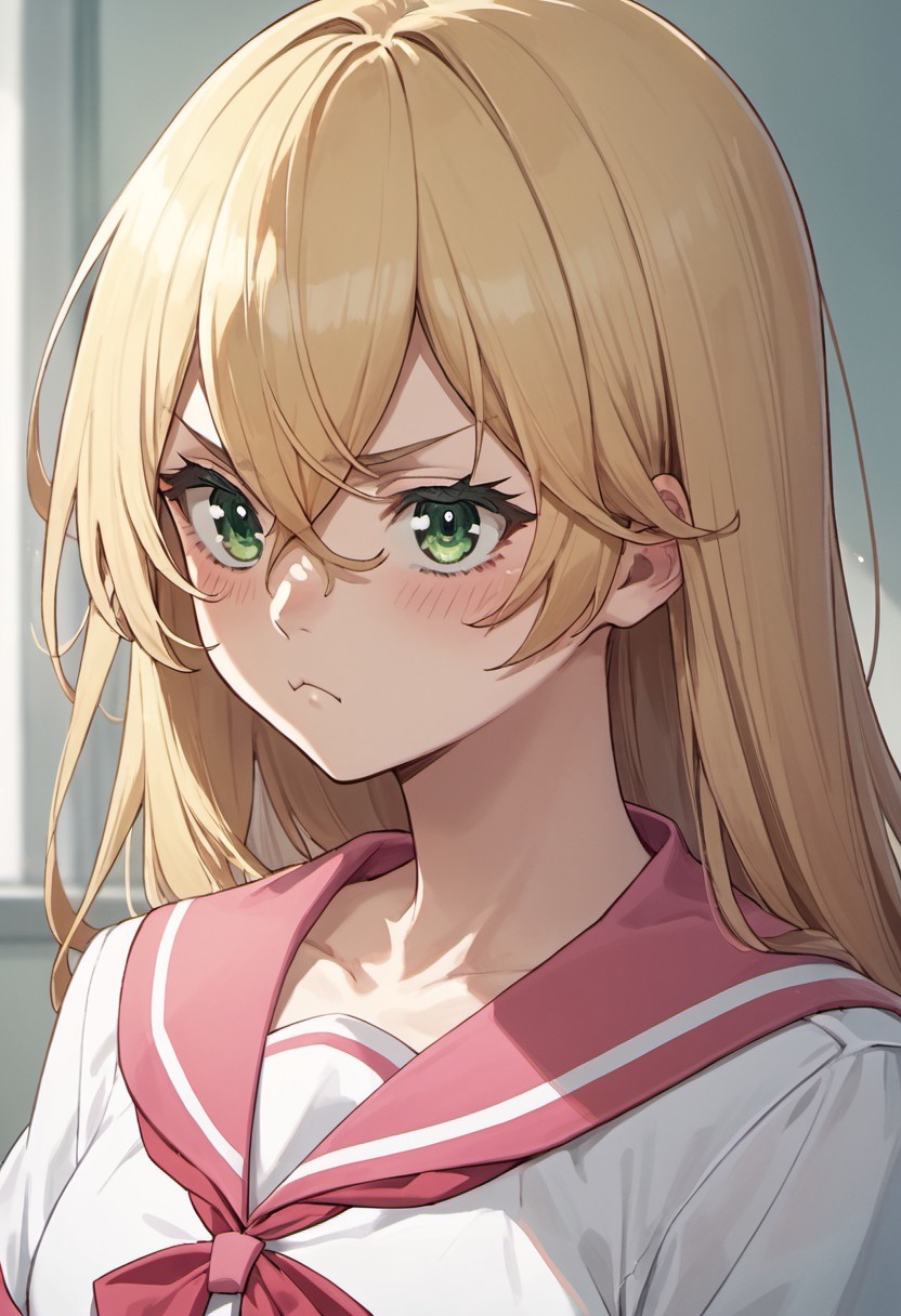 score_9, score_8_up, score_7_up, source_anime, rinne, long hair, blonde hair, green eyes, 1girl, solo, school uniform, hair between eyes, pout, sailor collar, pink sailor collar, serafuku, :t, blush