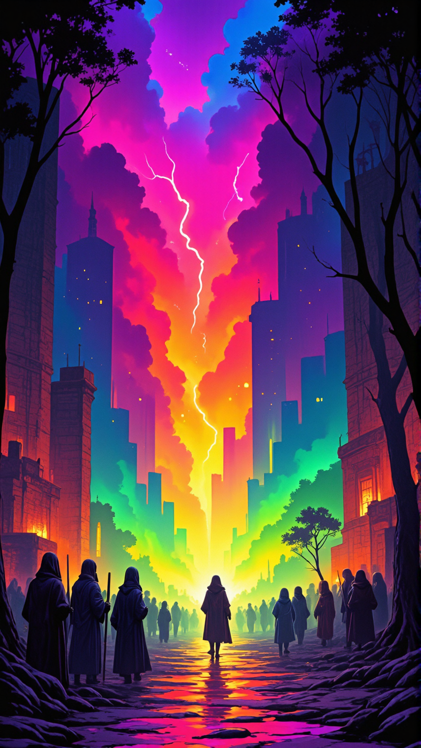 In the style of lava lamp art, fluid, dynamic forms mix vibrant colors in a mesmerizing, retro style, rich with detailed movement,Combining the styles of Adam Hughes and Arkhyp Kuindzhi, this image of a In the heart of a bustling metropolis, a group of medieval figures gather around an ancient stone structure. The melody of silence is so loud that it almost seems to defy logic and creates chaos around them. A single presence stands. The composition is off-center. It is evoking the feeling of being Wonder, quality, ambient light, theatrical, inspired, glowing, <lora:sxz-Dark-Fantasy-v2-Flux:.5>,drkfnts style, <lora:Dark_and_Colorful_FLUX_OT:.5>,ffdac