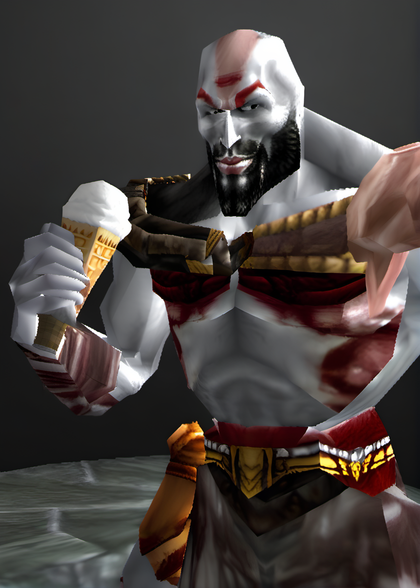god of war kratos eating icecream, (ps1 style:1),  <lora:ps1_style_SDXL_v1:1>, (game screenshot), (computer generated image)