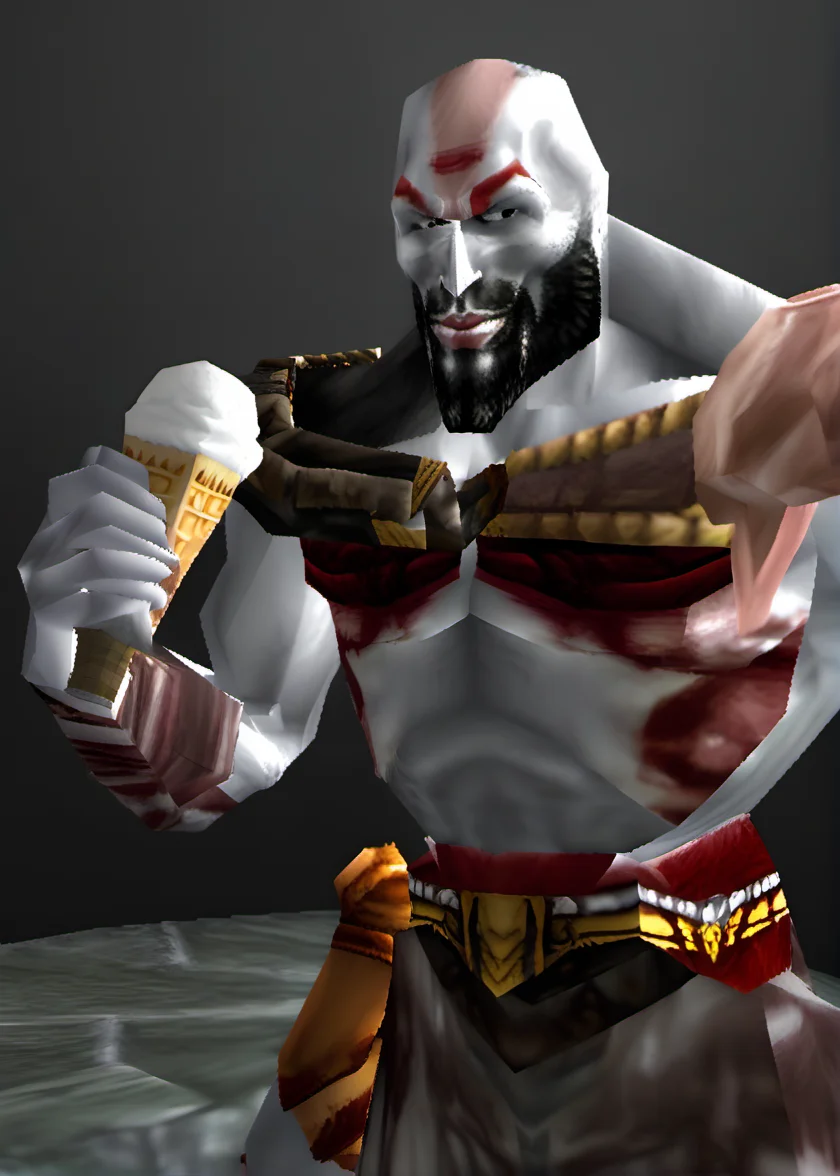 god of war kratos eating icecream, (ps1 style:1), <lora:ps1_style_SDXL_v1:1>, (game screenshot), (computer generated image)