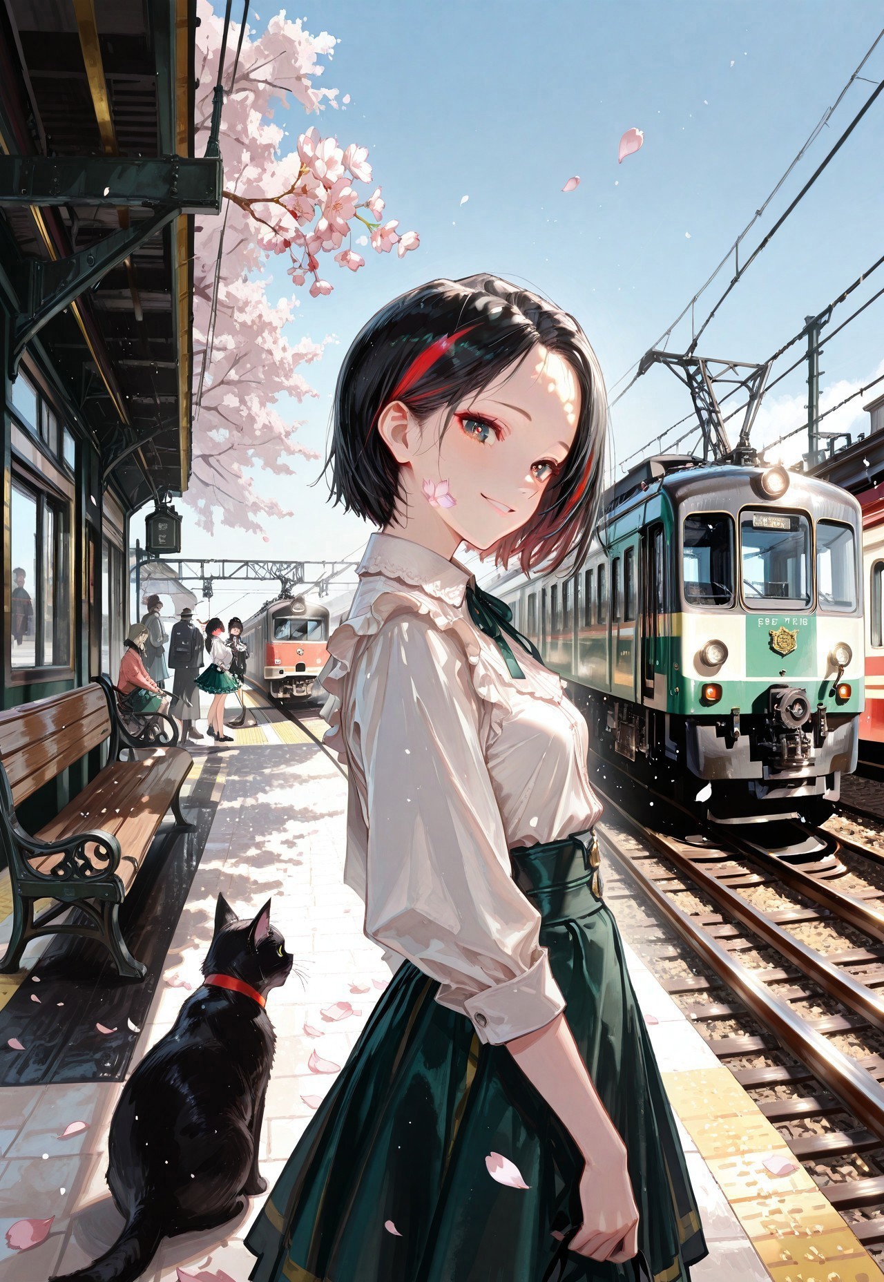 1rregular_b0, hyperdetailed_bg, (realistic_bg:1.2, su22eal_bg:1.2), (full_bg:1.1), (powerline, streetcar, pantograph, complex_exterior, street, overhead_line, locomotive, electric locomotive, railroad tracks, train_station_platform, train_station, bench, cherry blossom, scattering petals, bright, blue sky, people_shadow depth of field), (detailed background, scenery), 

(1girl, solo:1.3, smiling, glance at viewer, cat), (modernstyle:1.2, white shirt, dark_green skirt, too_many_frills), ((great anatomy, correct anatomy, akariL, wide forehead, short hair, black hair,red_streaked_hair, greenish_grey_pupils, red_iris, small breasts, aged_up)),

(from side),

((best quality, absurdres, amazing quality, HD, intricate, ultra-detailed, newest, visual impact, very aesthetic, high contrast, eye_focus)), 4K, detailed facial features, detailed clothing features, detailed texture