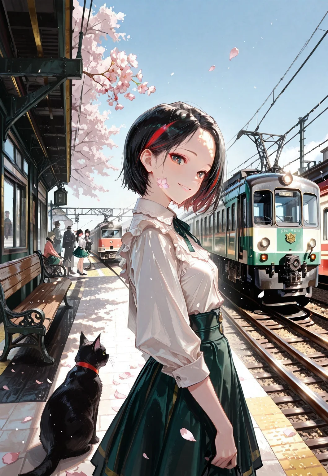 1rregular_b0, hyperdetailed_bg, (realistic_bg:1.2, su22eal_bg:1.2), (full_bg:1.1), (powerline, streetcar, pantograph, complex_exterior, street, overhead_line, locomotive, electric locomotive, railroad tracks, train_station_platform, train_station, bench, cherry blossom, scattering petals, bright, blue sky, people_shadow depth of field), (detailed background, scenery), 

(1girl, solo:1.3, smiling, glance at viewer, cat), (modernstyle:1.2, white shirt, dark_green skirt, too_many_frills), ((great anatomy, correct anatomy, akariL, wide forehead, short hair, black hair,red_streaked_hair, greenish_grey_pupils, red_iris, small breasts, aged_up)),

(from side),

((best quality, absurdres, amazing quality, HD, intricate, ultra-detailed, newest, visual impact, very aesthetic, high contrast, eye_focus)), 4K, detailed facial features, detailed clothing features, detailed texture