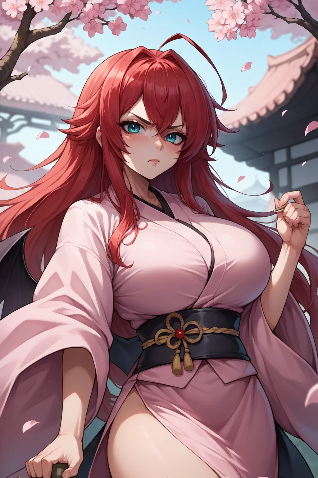 score_9, score_8_up, score_7_up, score_6_up, source_anime, 1girl, solo, <lora:rias-pdxl-nvwls-v1:1> dxdRG, red hair, ahoge, long hair, big breasts, pink kimono, sash, annoyed, demon wings, cherry blossoms, looking at you, blush