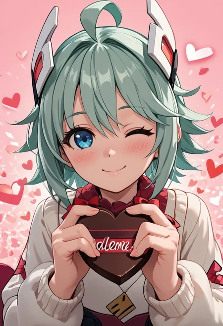 score_4,score_5,score_6,score_7_up,score_8_up,score_9 ((masterpiece,best quality,ultra detailed,highres,HD,4k:1.2)), 
1girl, solo,solo focus,girl focus,face focus,
Lola(Normal),blue eyes,green hair, short hair, ahoge, hair between eyes, bangs, headgear,
pov,from the front, front view, front angle, 
Happy Valentine's Day, Valentine's chocolate, holding wrapped chocolate, 
heart background, 
blush,((wink:1.1)), smile, happy, shy,closed mouth,