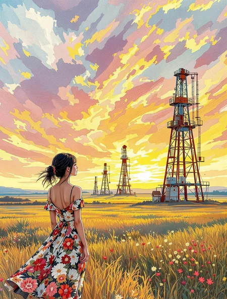 intricate linework with expressive contrasts, soft lighting with dynamic highlights, Japanese woman in a floral-pattern summer dress looking at a rusted antiquated oilfield with oil derricks, landscape, sunset. Impressionistic, ligne claire outlines for clarity and structure