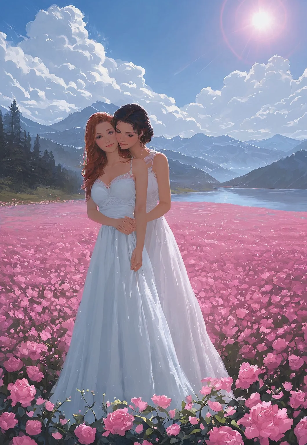 safe_pos, score_9, score_8_up, score_7_up, score_6_up, Expressiveh, g0thicPXL, warm, ultra detailed, masterpiece, BREAK
River valley, mountain, top view, horizon, lake, stream, snow capped mountain, cliff, view down to beautiful valley, flowers, pink flowers cover the valley, trees, clouds, blue and pink sky, sun setting, blue and pink skies, detailed background, small sun, view down, perspective, BREAK
2girl, intricate designs, brown hair, black hair, long hair, medium hair, beautiful hair style, standing, standing on the balcony, wedding arch, pink flowers wrapped around arch, wedding dresses, facing each other, smiling, grinning, detailed skin, detailed eyes, holding hands, closeup, very closeup, face focus, perfect face