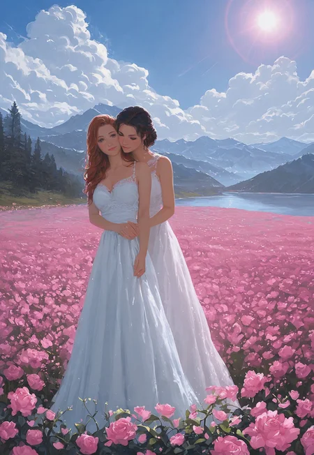 safe_pos, score_9, score_8_up, score_7_up, score_6_up, Expressiveh, g0thicPXL, warm, ultra detailed, masterpiece, BREAK
River valley, mountain, top view, horizon, lake, stream, snow capped mountain, cliff, view down to beautiful valley, flowers, pink flowers cover the valley, trees, clouds, blue and pink sky, sun setting, blue and pink skies, detailed background, small sun, view down, perspective, BREAK
2girl, intricate designs, brown hair, black hair, long hair, medium hair, beautiful hair style, standing, standing on the balcony, wedding arch, pink flowers wrapped around arch, wedding dresses, facing each other, smiling, grinning, detailed skin, detailed eyes, holding hands, closeup, very closeup, face focus, perfect face
