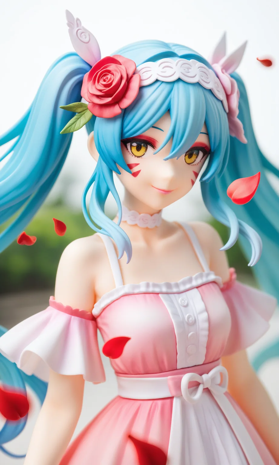 1girl,
real world location, photo background, the real background, solo, yellow eyes, looking at viewer, bare shoulders, long hair, petals, hair ornament, collarbone, makeup, blue hair, facial mark, closed mouth, multicolored hair, upper body, white background, choker, hair between eyes, aqua hair, smile, eyeshadow, twintails, flower, dress, blurry, depth of field, falling petals, red eyeshadow, gradient hair, pink lips, light blue hair, hair flower, aqua nails, white choker,
A young girl with long blue hair and a white headband. she has a big smile on her face and is looking directly at the camera. her hair is styled in loose waves and falls over her shoulders. she is wearing a pink dress with a floral pattern and has two small flowers in her hair. the background is blurred, but it appears to be an outdoor setting with trees and buildings. there are red rose petals scattered around the girl's face, adding a pop of color to the image.
score_9, score_8_up, score_7_up, source_anime