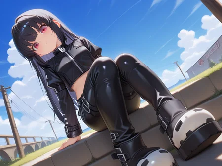 dutch angle,foreshortening,<lora:IL_kooh:0.8>,1girl,solo,pgy_ko,kooh/(pangya/),cropped jacket,midriff,leather pants,skull boots,sit,looking at viewer,outdoors,straight hair,, masterpiece,best quality,amazing quality,very aesthetic,absurdres,