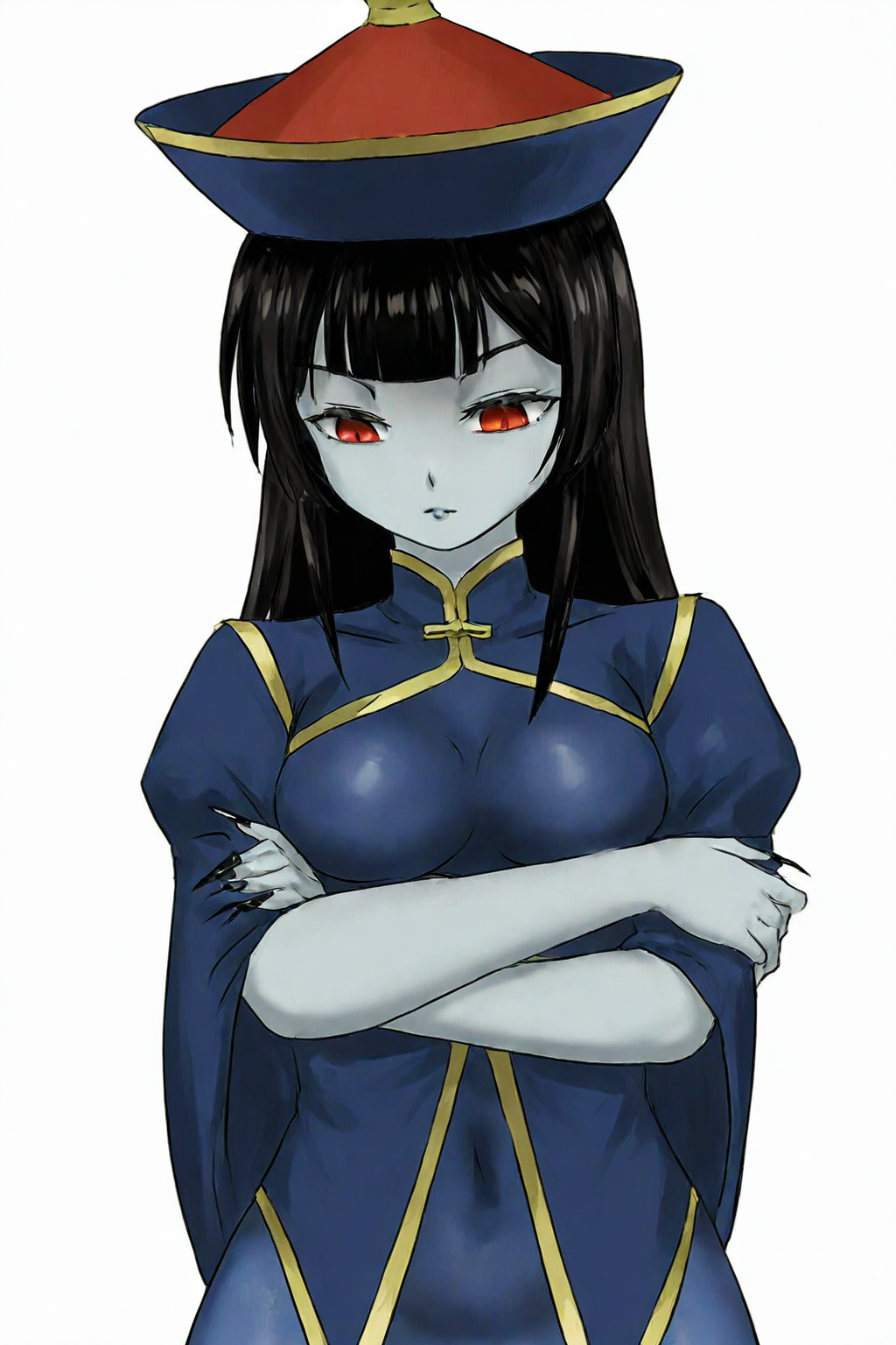 ofuda,jiangshi,skyzen,blue skin,chinese clothes,red eyes,1girl,black hair,long hair,standing,qingdai guanmao,<lora:skyzen:0.85>,cowboy shot,simple background,white background,crossed arms,