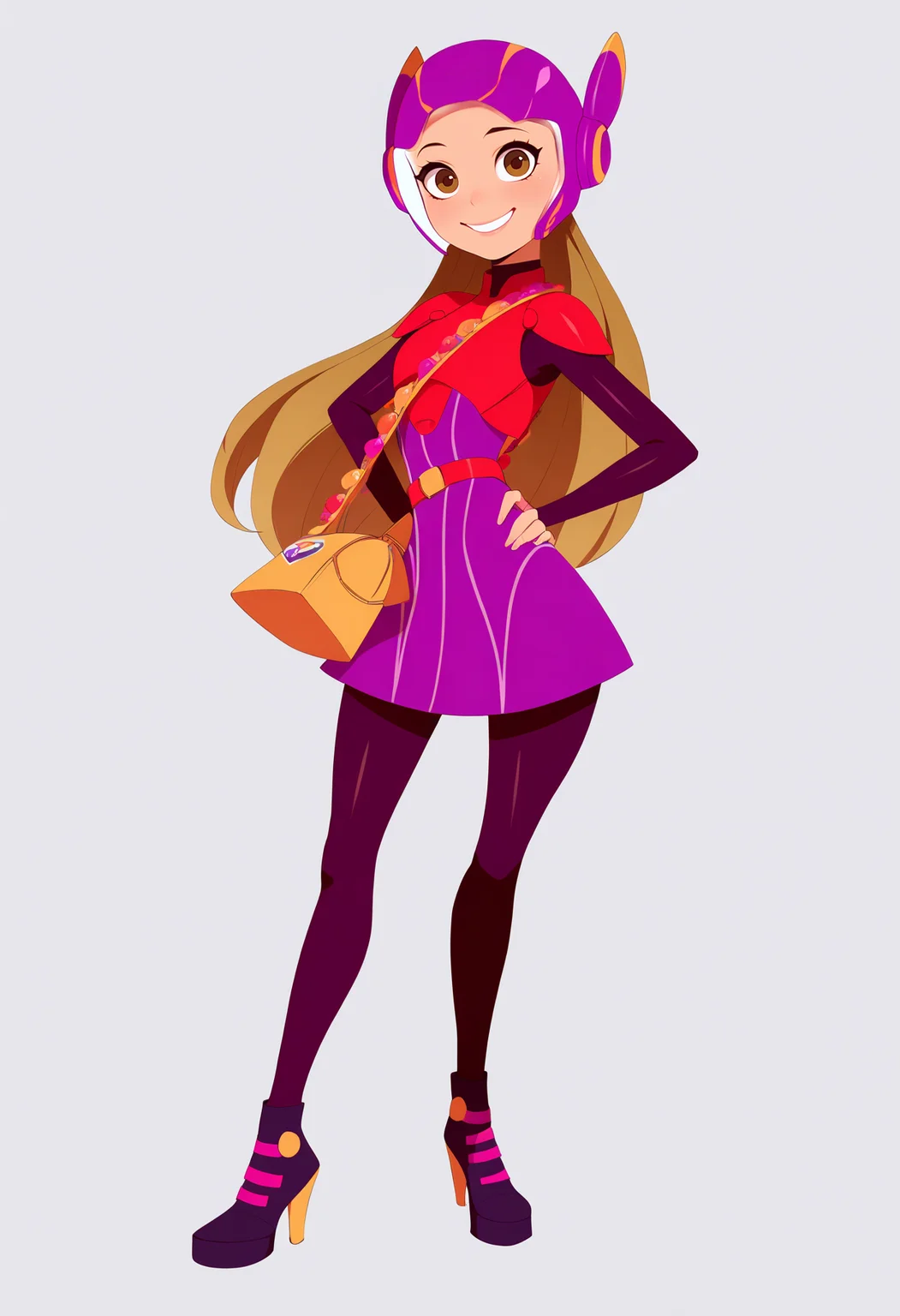 best quality, amazing quality, very aesthetic, absurdres, thick lineart,
1girl, hlhero, brown eyes, brown hair, long hair,
handbag, helmet, high heels, pantyhose,
full body, hands on hips, standing,
smile, looking at viewer, solo, simple background, white background, <lora:HoneyLemonNoobXL_byKonan:1>
