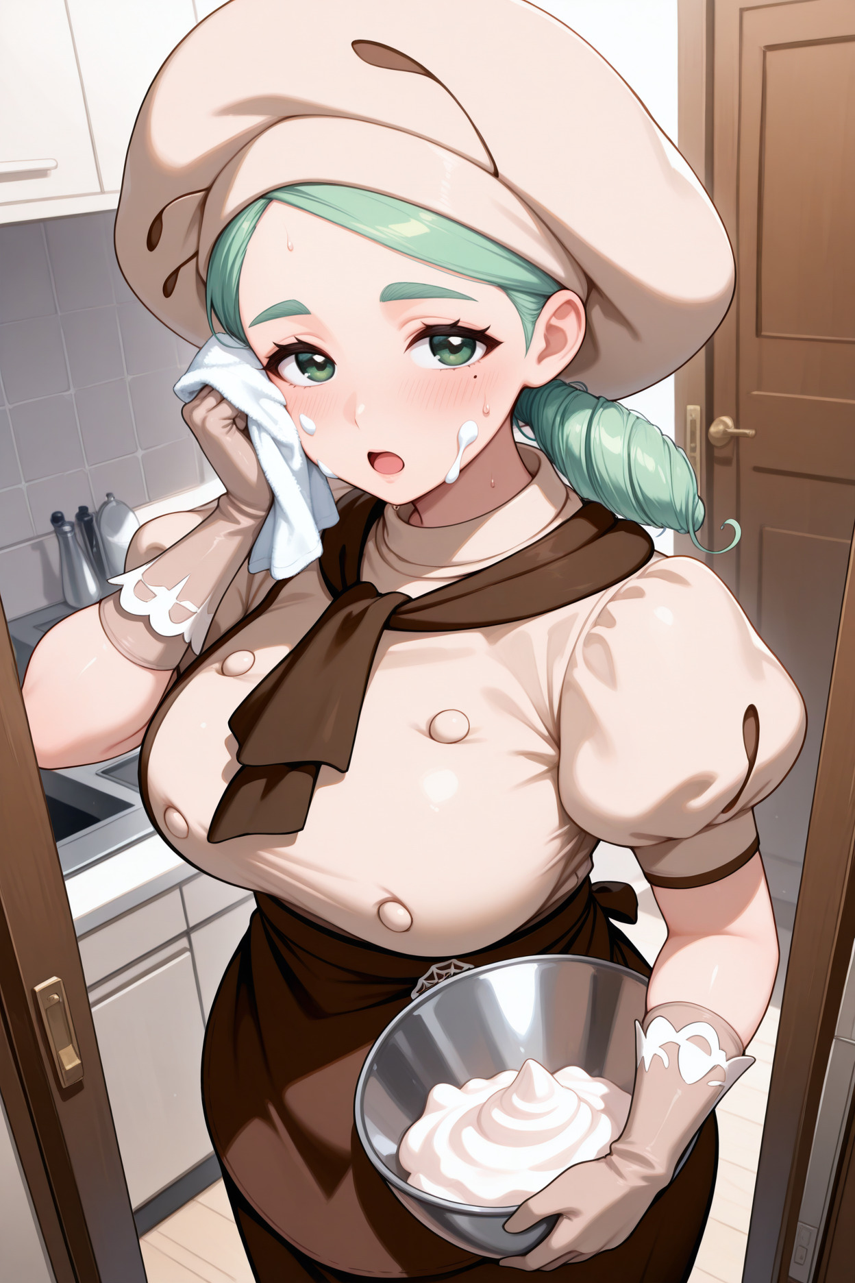 masterpiece, best quality, 1girl, solo, <lora:pkmnkaty-illu-nvwls-v1-000006:1> pmkt, green hair, side ponytail, low ponytail, green eyes, mole on cheek, mature female, big breasts, beige hat, black ascot, puffy short sleeves, beige shirt, double-breasted, buttons, dark brown skirt, brown apron, waist apron, long skirt, beige gloves, cowboy shot, wiping brow, tired, open mouth, frosting on face, kitchen, looking at viewer, holding mixing bowl, doorway, blush, sweat, holding towel