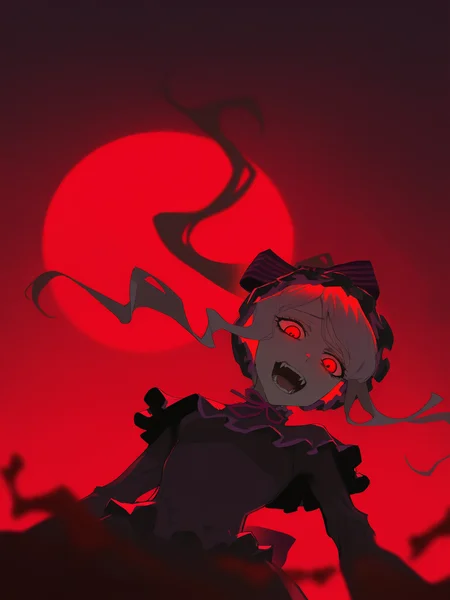 <lora:kuroume_style_for_illustrious:0.8>, kuroume,
<lora:HigurashiNoNakuKoroNi_doraIllustriousxlV10:0.8>, higurashimei,
<lora:Glowing_Spot_Color_-_Illustrious:0.6>, glowing eyes, streaked hair, glowing inner hair, glowing streaks,
dino_(dinoartforame), masterpiece,best quality,very aesthetic,newest, 1girl, overlord \(maruyama\), shalltear bloodfallen, original, floating hair, dress, gesugao, from below, looking down, glowing eyes, red eyes, backlighting, night, dark, moon, blood, fangs, red theme, perspective,