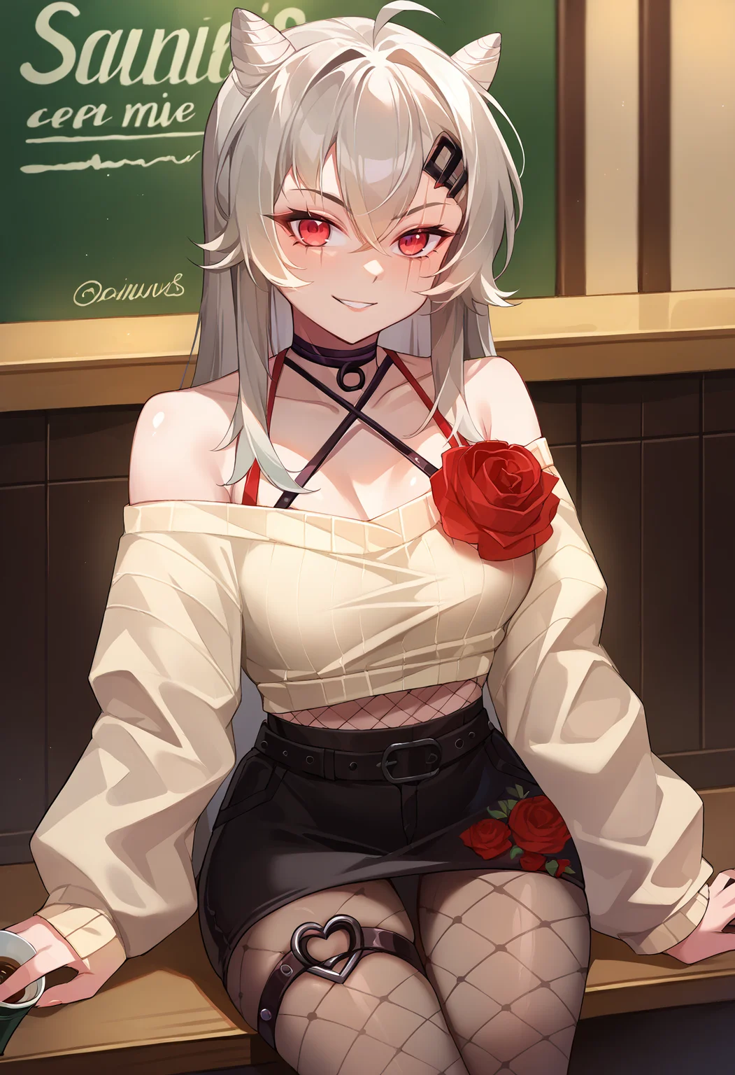 score_9, score_8_up, source_anime, 1girl, solo, SarueiValentine, grey hair, scar across eye, long hair, cone hair bun, hairclip, black choker, criss-cross halter, grey sweater, off-shoulder, red rose, fishnets, black skirt, tight skirt, flower print skirt, brown pantyhose, print pantyhose, thigh strap, sitting, indoors, coffee shop, smile, <lora:ChamSarueiPonyXL:1>
